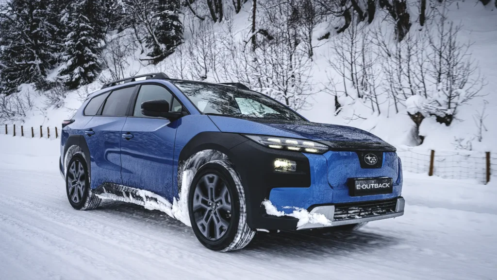 Blå Subaru E-Outback på snødekt vei ved bakke og trær.
