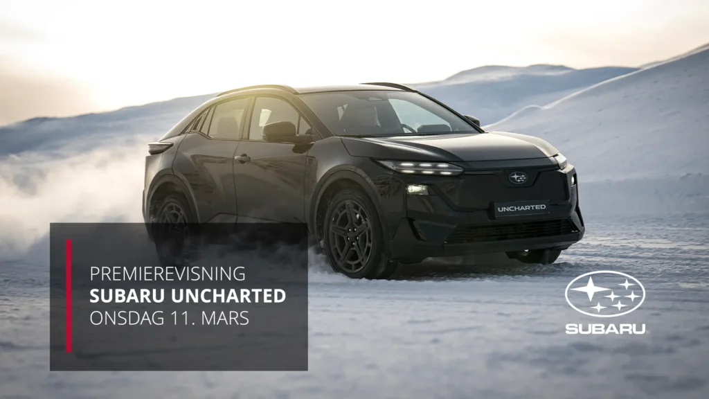 Sort Subaru kjører i snø, reklame for "Subaru Uncharted"-premiere.